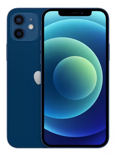 iPhone 12 (128 GB) in blue with dual rear cameras, sleek design, and vibrant display.
