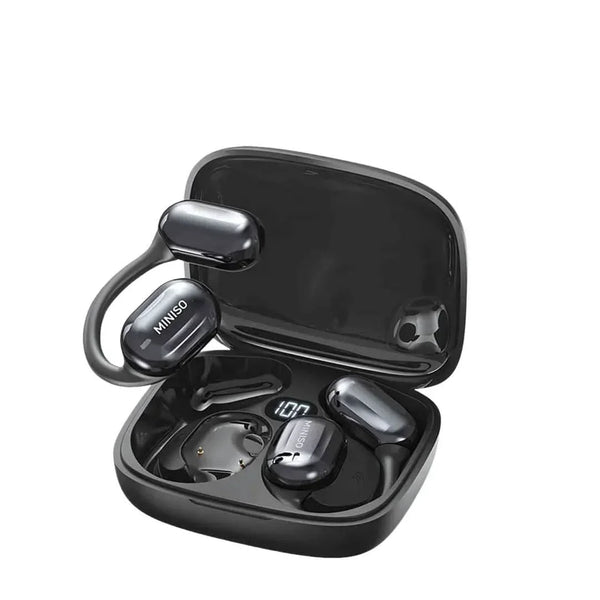 Bluetooth Translator Headphone Miniso MS162 in charging case for real-time language translation.