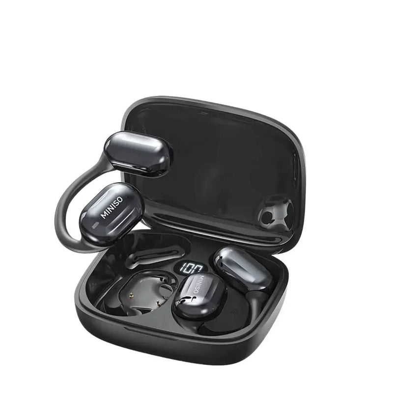 Bluetooth Translator Headphone Miniso MS162 in charging case for real-time language translation.