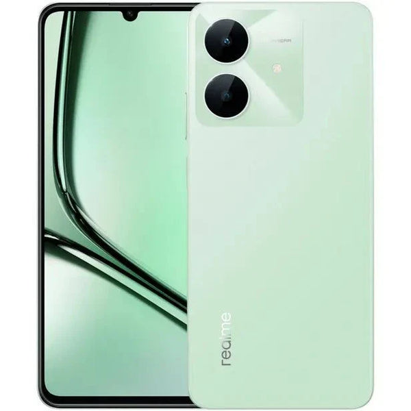 Smartphone Realme Note 60x Dual Sim in green, featuring dual rear cameras and large display.