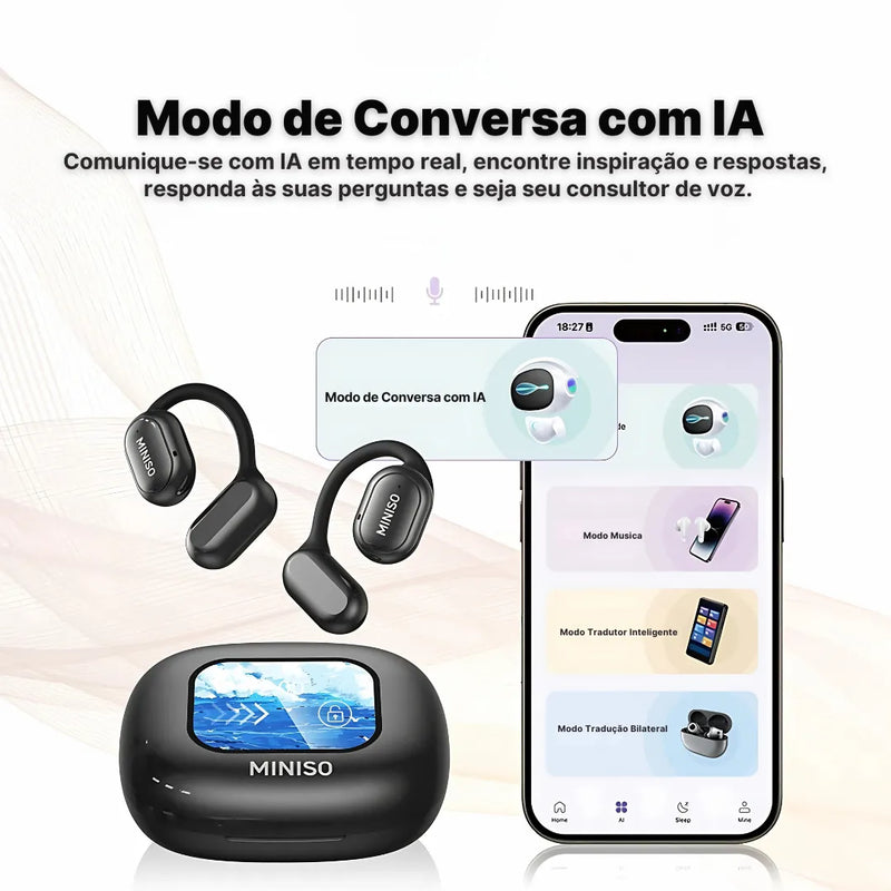 Bluetooth earphones Miniso with touch screen and translation feature displayed with smartphone app interface.