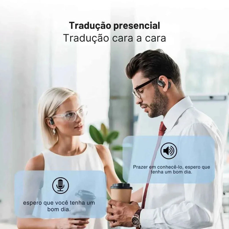 Bluetooth translator headset Miniso MS162 in use for real-time translation between two people.