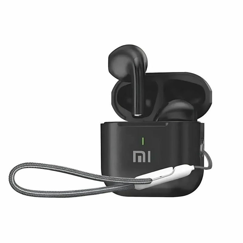 Fone de ouvido wireless preto com cancelamento de ruído e estojo de carregamento.