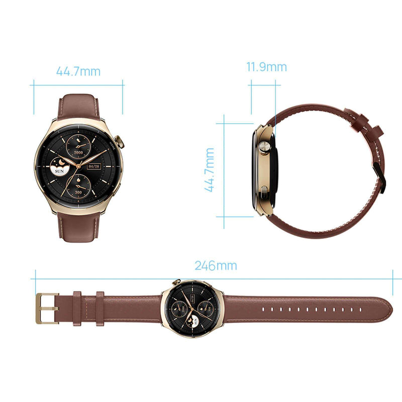 Mibro Lite 3 Pro smartwatch with AMOLED HD display, Bluetooth calls, integrated GPS, and water resistance, shown in multiple angles and measurements.